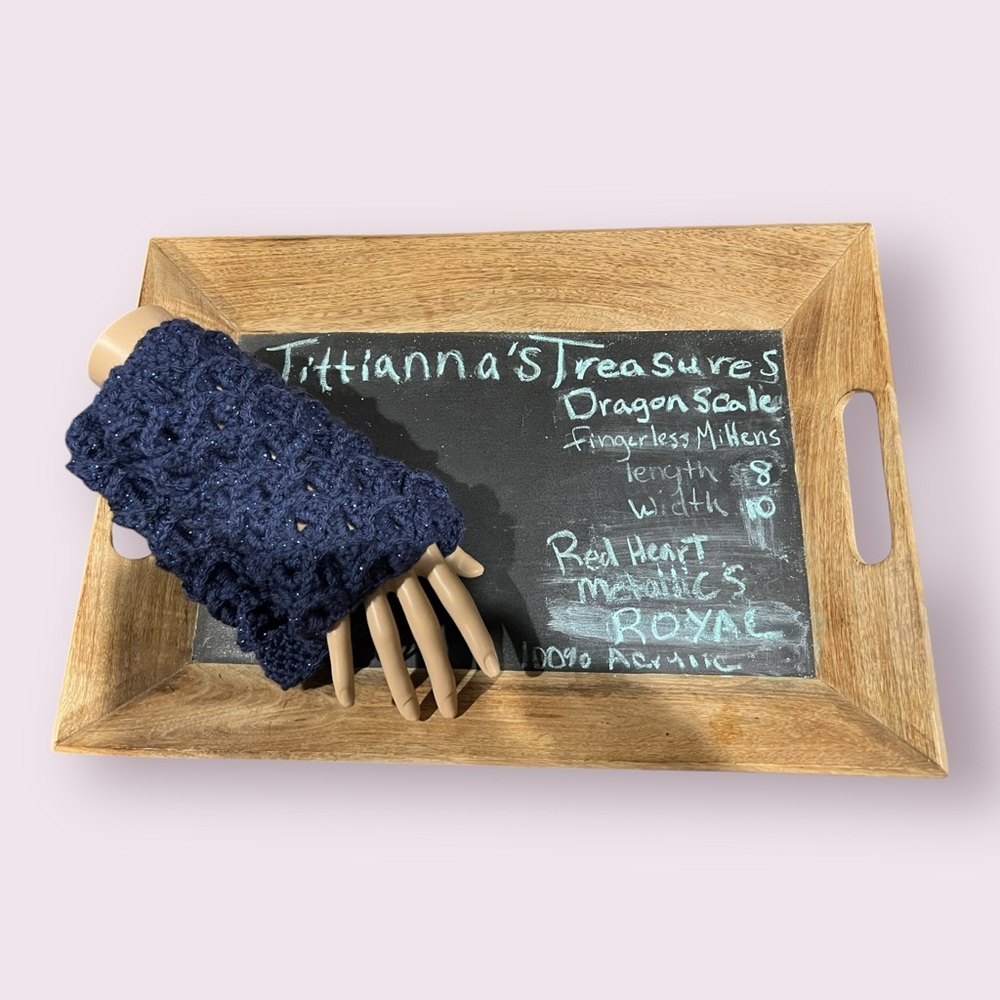 Crochet Dragon Scale Fingerless Mittens - Navy Blue Sparkle